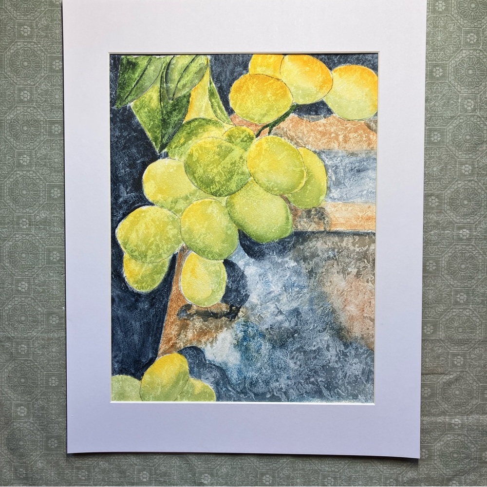 Lush Hand Painted Grape Watercolor Kitchen or Bar Art Painting in White Matting